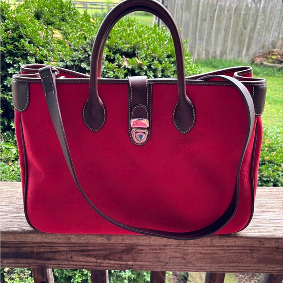 Dooney & Bourke Handbags - Dooney & Bourke Large Dark Red Monogram Canvas Tote Bag with Brown Leather Trim